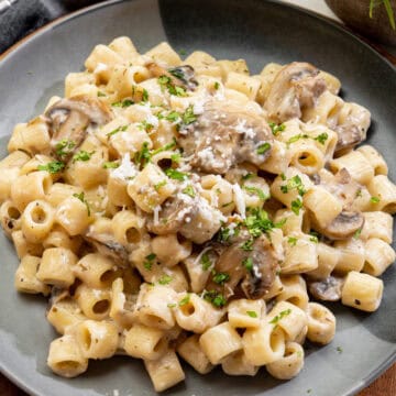 vegan creamy garlic mushroom pasta topped with fresh herbs on a blue plate