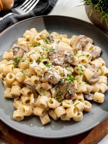 vegan creamy garlic mushroom pasta topped with fresh herbs on a blue plate