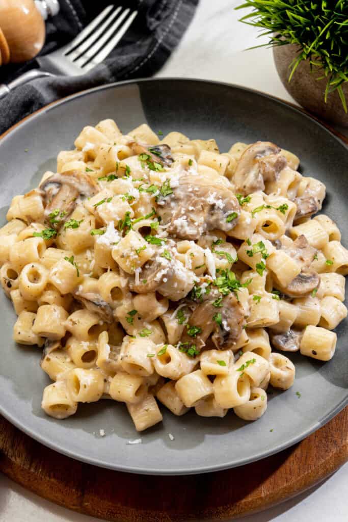 vegan creamy garlic mushroom pasta topped with fresh herbs on a blue plate
