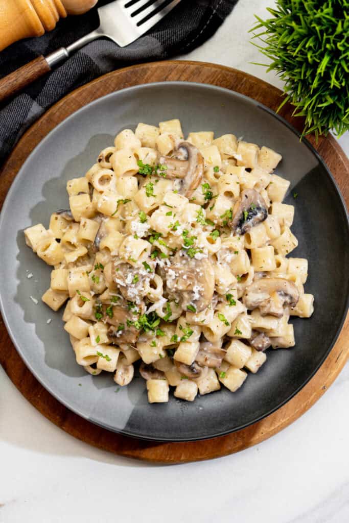 creamy mushroom garlic pasta with ditalini, sauteed mushrooms, vegan parmesan and fresh herbs