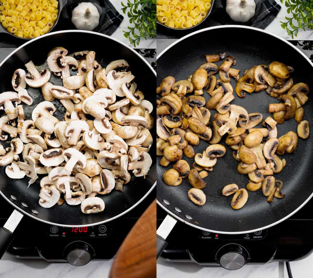 sliced mushrooms before and after sauteing until golden brown for a vegan sauce