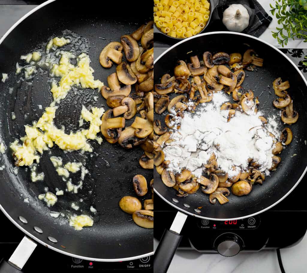 sauteed mushrooms with garlic and flour for a creamy vegan sauce ready for pasta