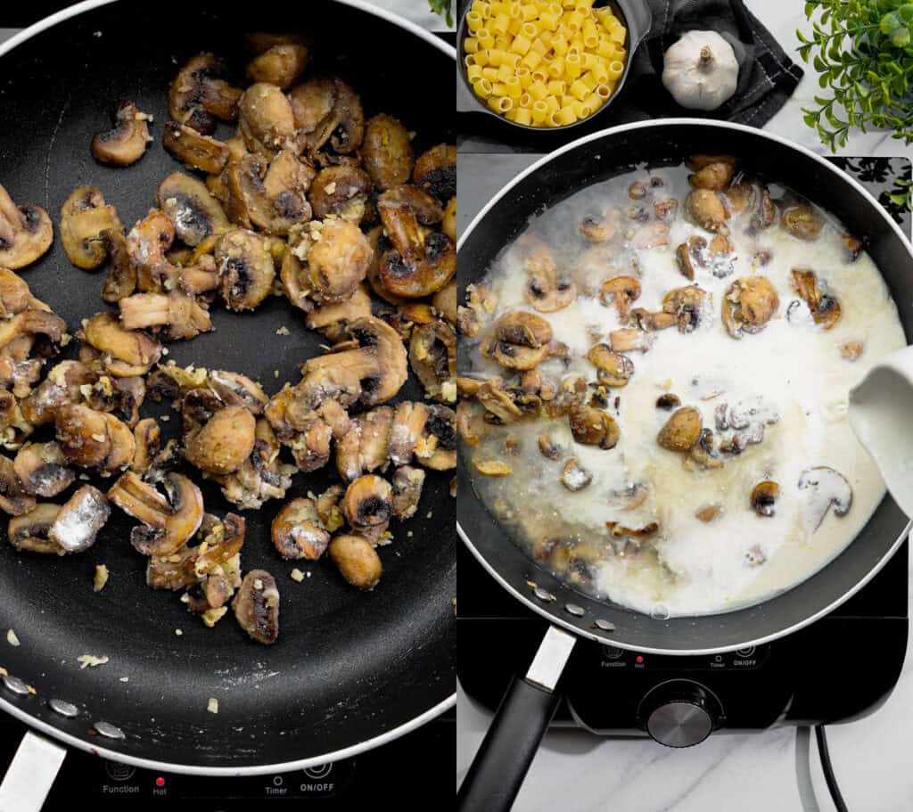 adding vegetable broth and vegan cream to sauteed mushrooms and garlic for an easy meal