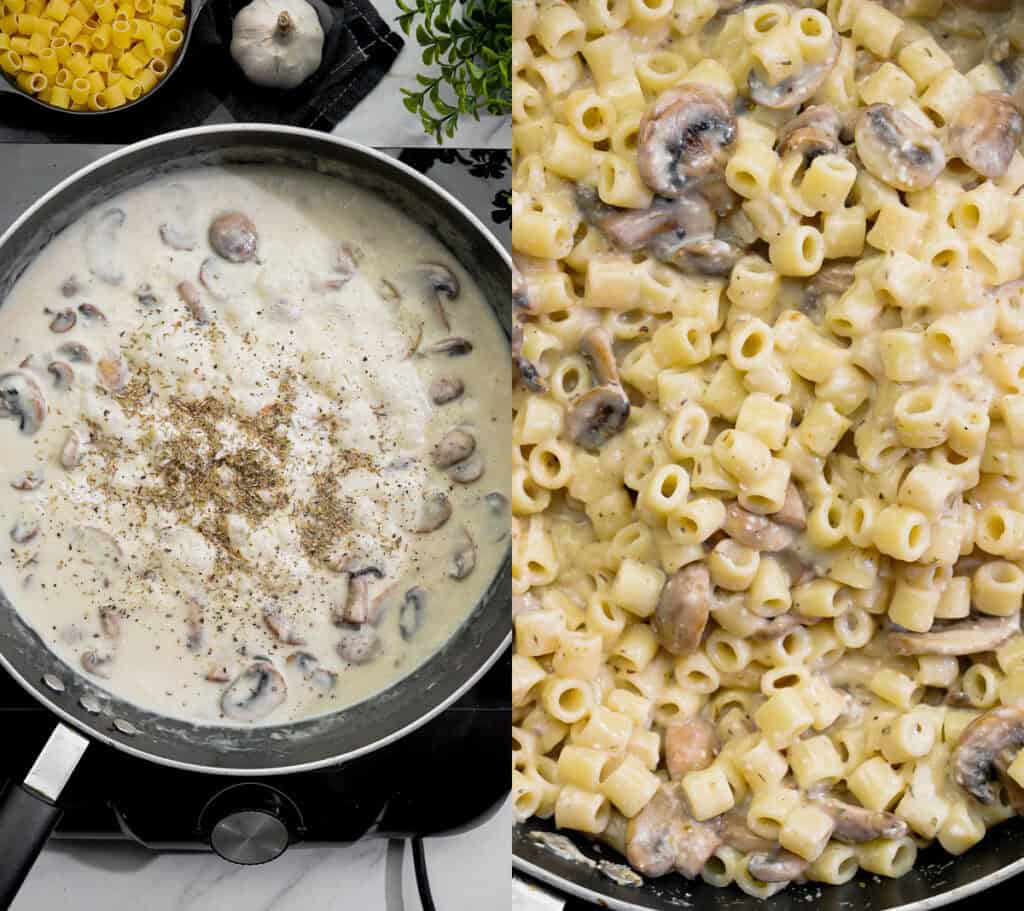 adding ditalini to a creamy mushroom pasta sauce with herbs and cracked pepper