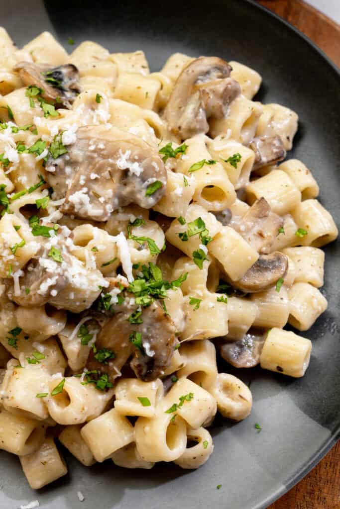 creamy mushroom pasta with ditalini, sauteed mushrooms, vegan parmesan and fresh herbs