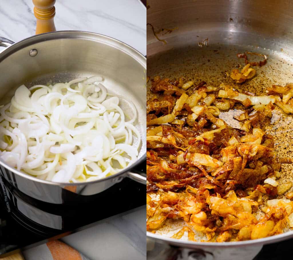 sliced onions before and after slowly caramelizing until deep golden in color