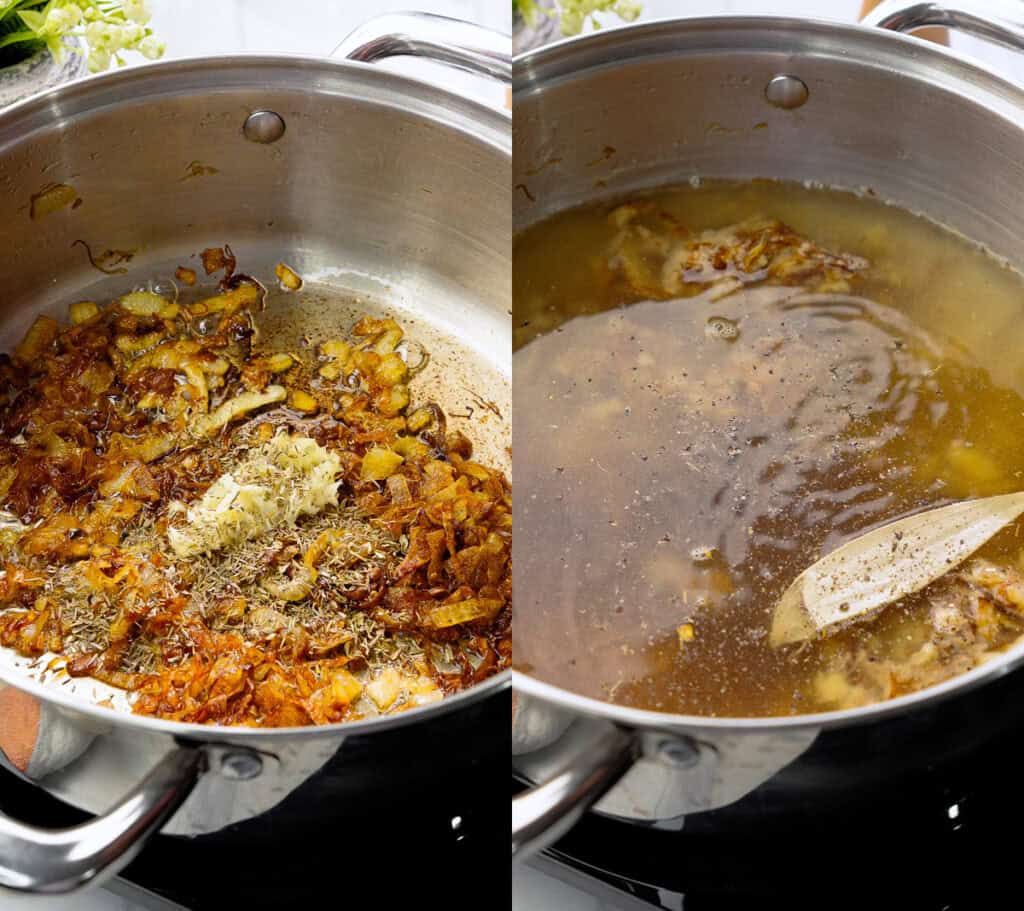 caramelized onions with garlic and thyme before vegetable broth is added to the pot