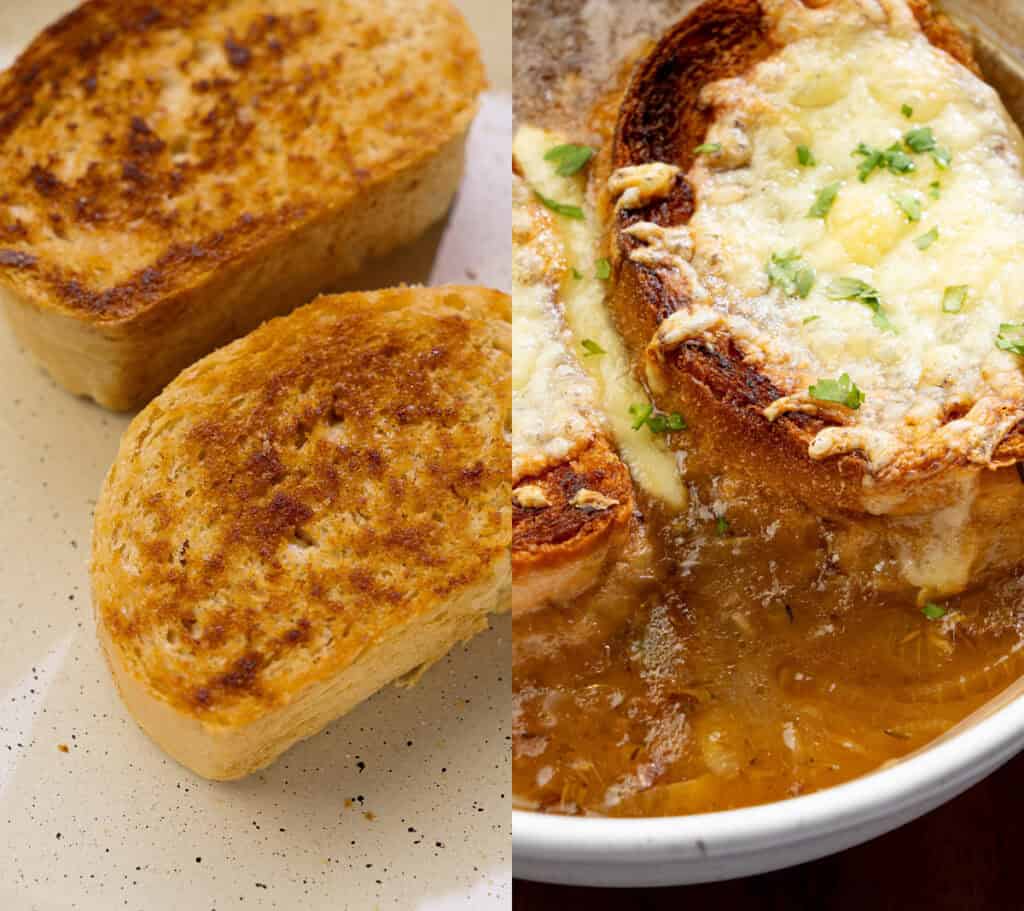 Toasted baguette slices before and after being topped with dairy-free cheese and fresh herbs
