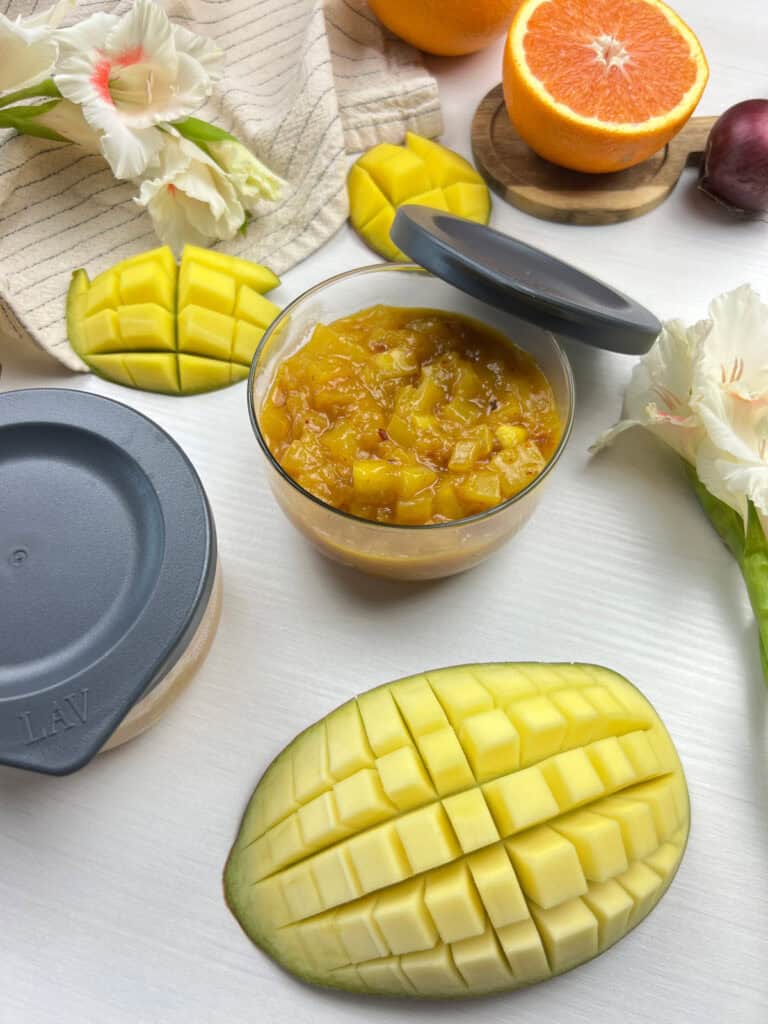 easy homemade mango chutney in a glass bowl ready to be stored in the fridge