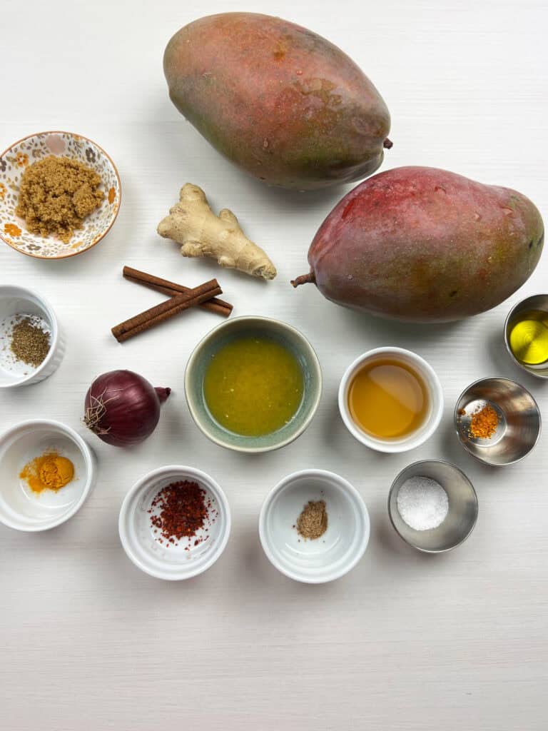 Fresh mangos, ginger, red onion and spices for easy homemade mango chutney