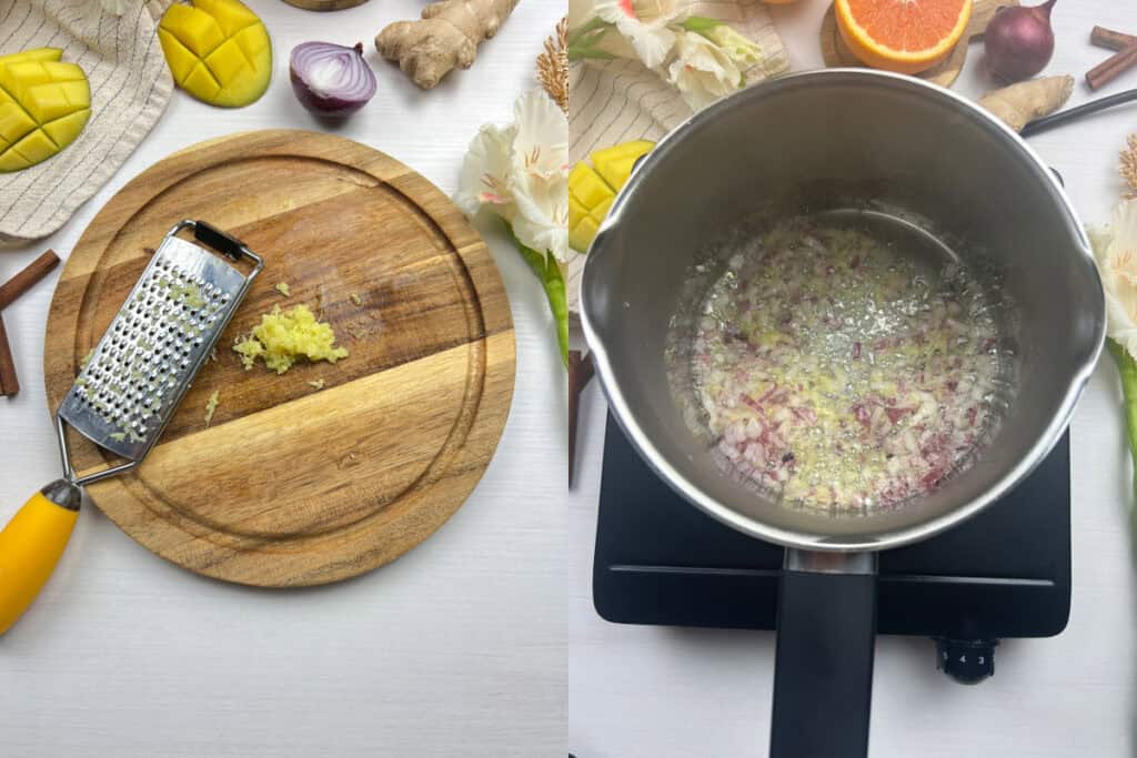 grated fresh ginger and red onion sauteing in oil for a beautiful mango condiment