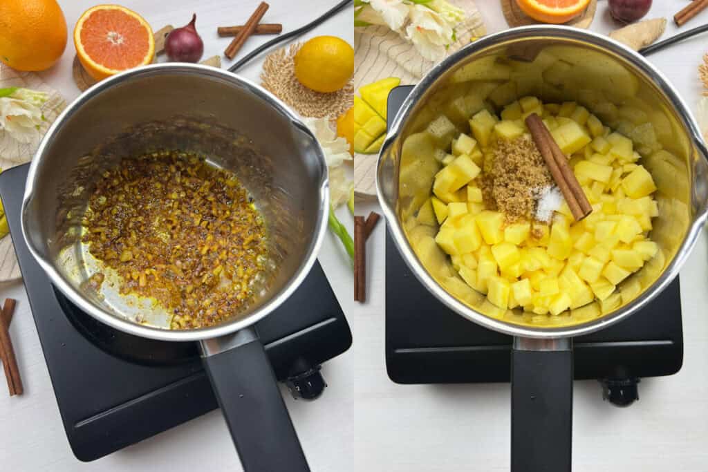 ground spices blooming in oil before adding diced mango and a cinnamon stick