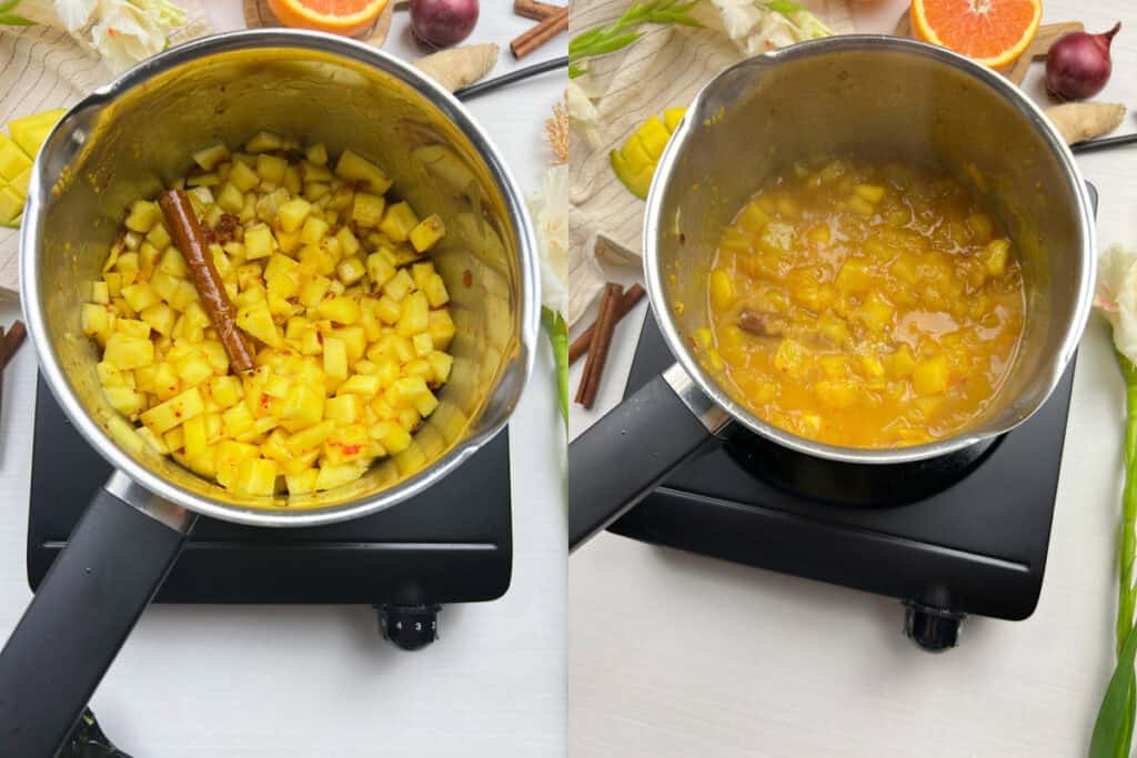 diced mango and cinnamon stick cooking into an easy homemade mango chutney
