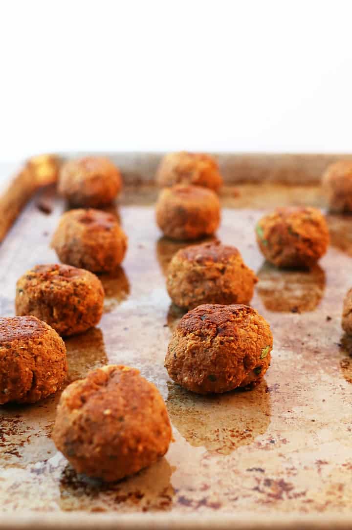 vegan meatballs on a baking dish