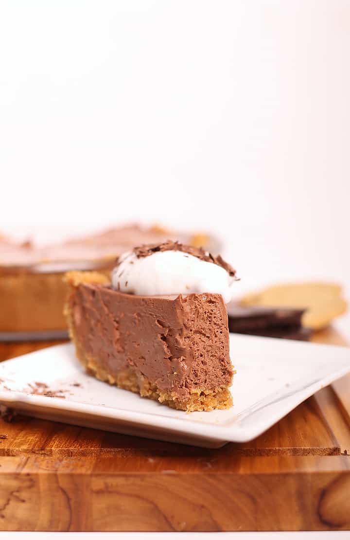 Slice of vegan chocolate pie on a white plate