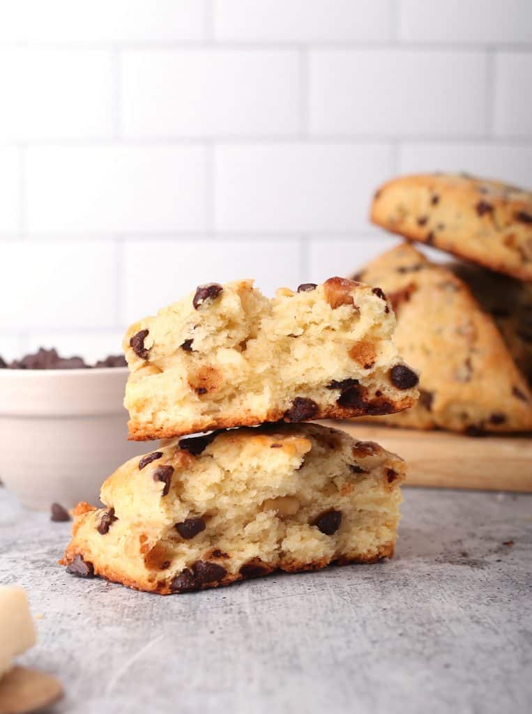 Vegan chocolate chip scone cut in half