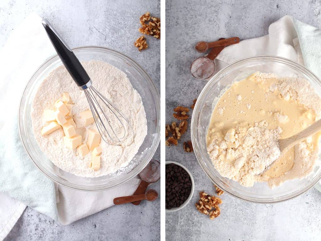 Flour and cubed butter in a glass mixing bowl