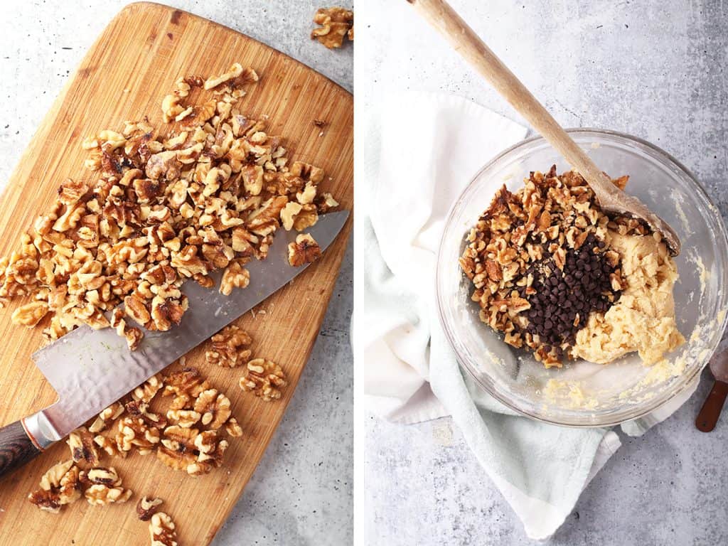 Chopped walnuts on a cutting board with a knife