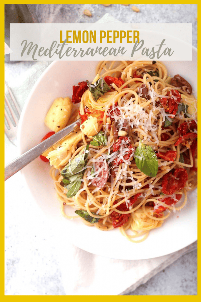 Vegan Mediterranean Pasta! It’s a light and refreshing pasta dish made with angel hair pasta, tomatoes, olives, and artichokes. It's all tossed with fresh lemon juice, olive oil, and vegan parmesan cheese for a simple vegan meal made in under 20 minutes!