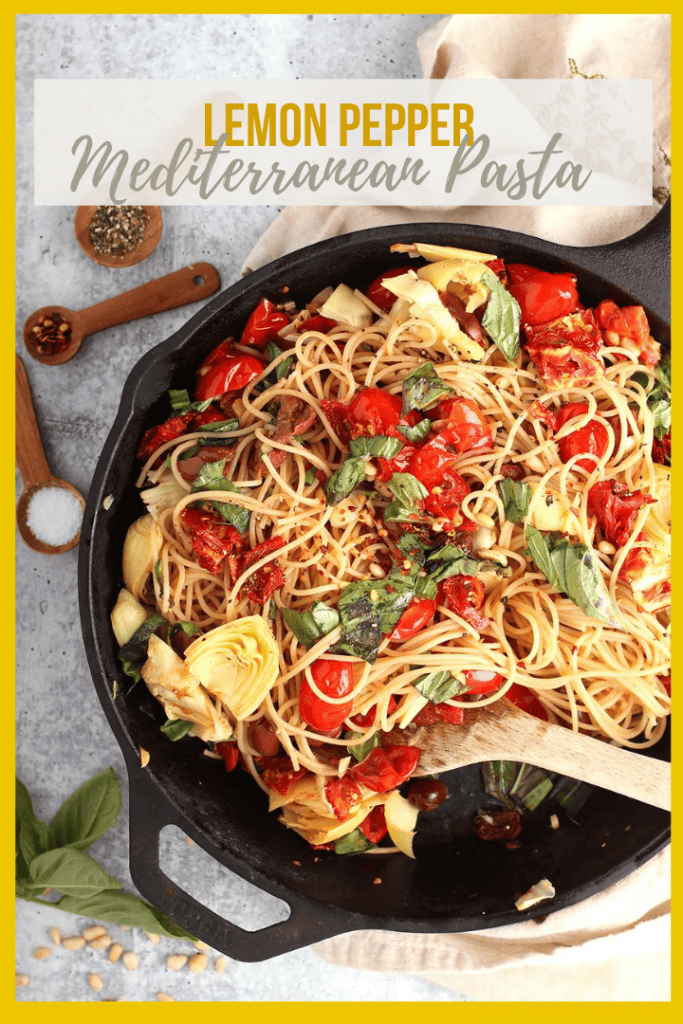 Vegan Mediterranean Pasta! It’s a light and refreshing pasta dish made with angel hair pasta, tomatoes, olives, and artichokes. It's all tossed with fresh lemon juice, olive oil, and vegan parmesan cheese for a simple vegan meal made in under 20 minutes!