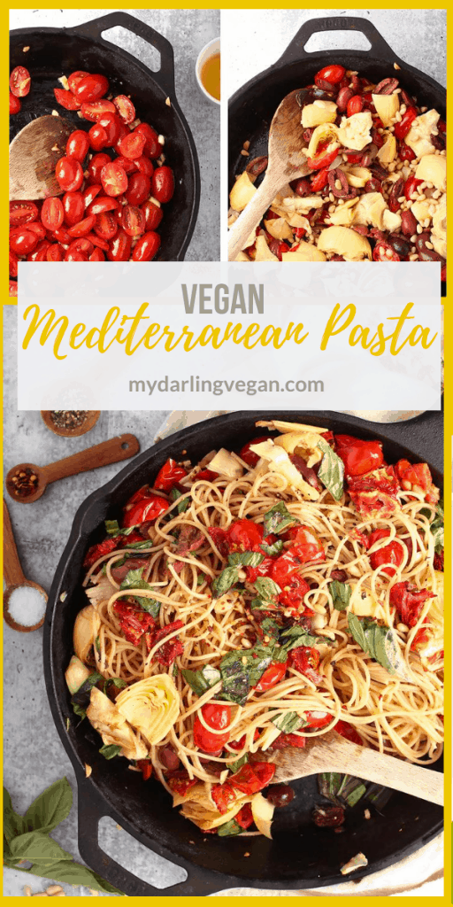 Vegan Mediterranean Pasta! It’s a light and refreshing pasta dish made with angel hair pasta, tomatoes, olives, and artichokes. It's all tossed with fresh lemon juice, olive oil, and vegan parmesan cheese for a simple vegan meal made in under 20 minutes!