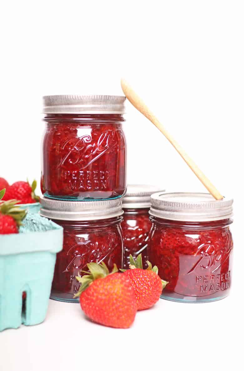 Homemade strawberry jam in Ball jars