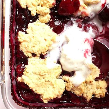 Vegan Cherry Cobbler in casserole dish