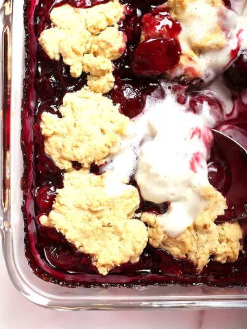 Vegan Cherry Cobbler in casserole dish