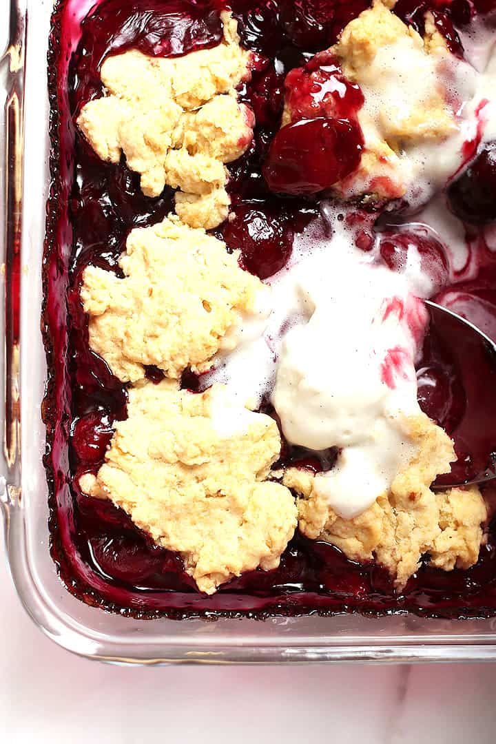 Vegan Cherry Cobbler in casserole dish