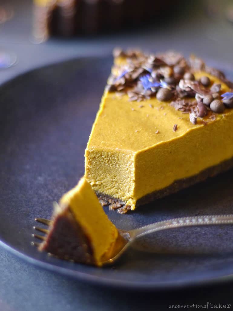 Slice of Peanut Butter Pumpkin Cake on a blue plate