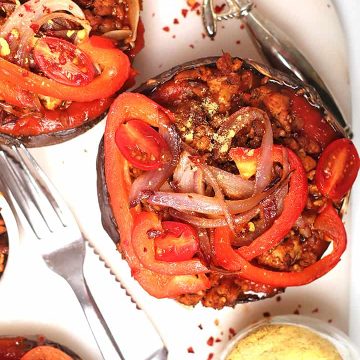 Portobello pizza with sautéed onions and peppers