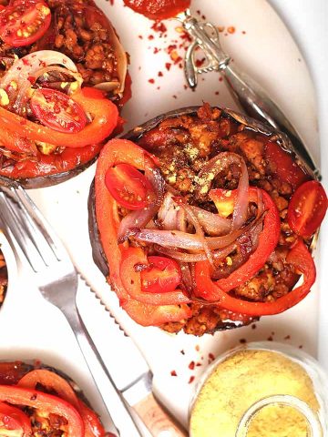 Portobello pizza with sautéed onions and peppers