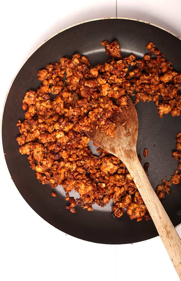 Homemade tempeh sausage in skillet