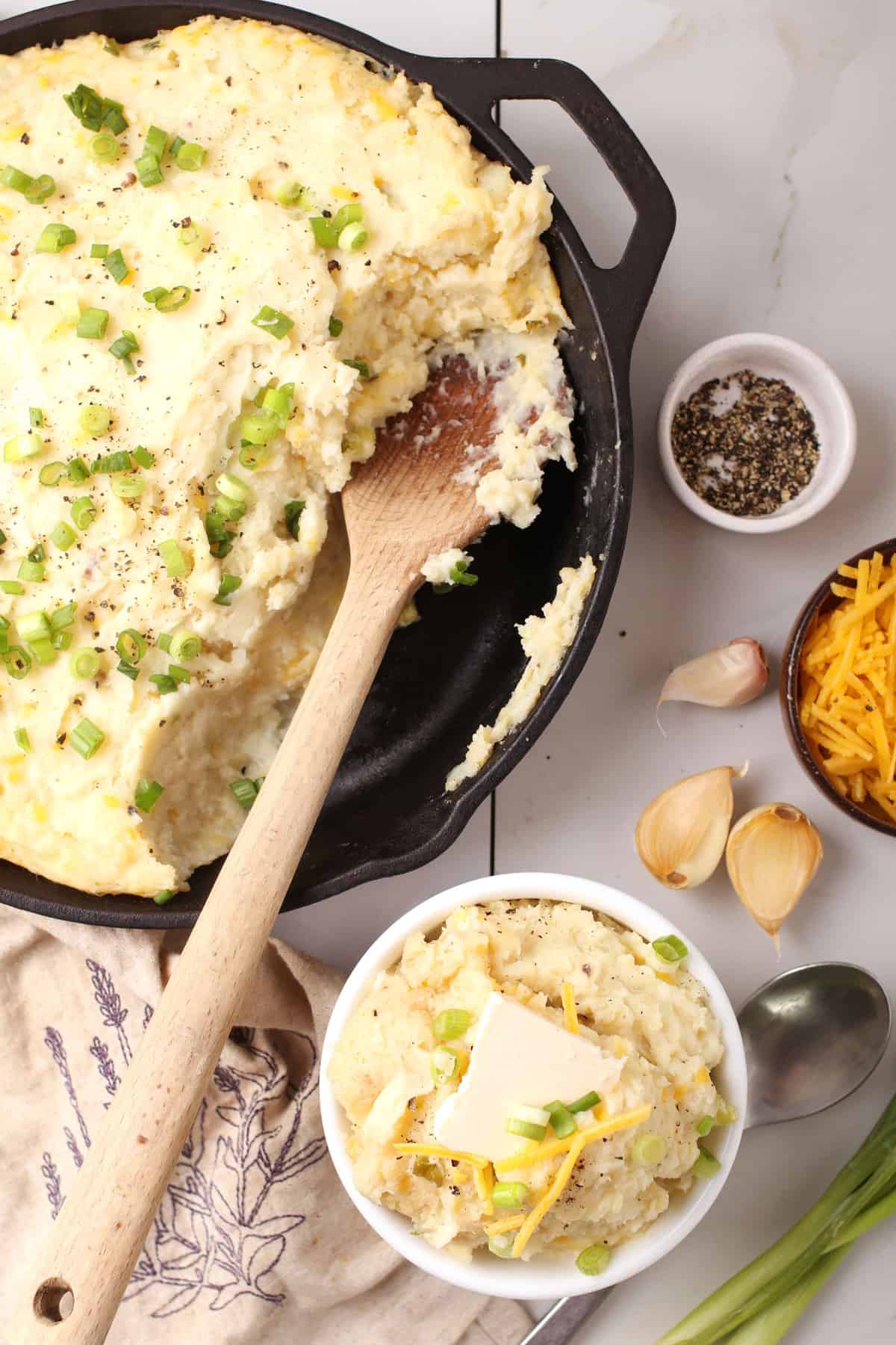 Vegan mashed potatoes in cast-iron skillet