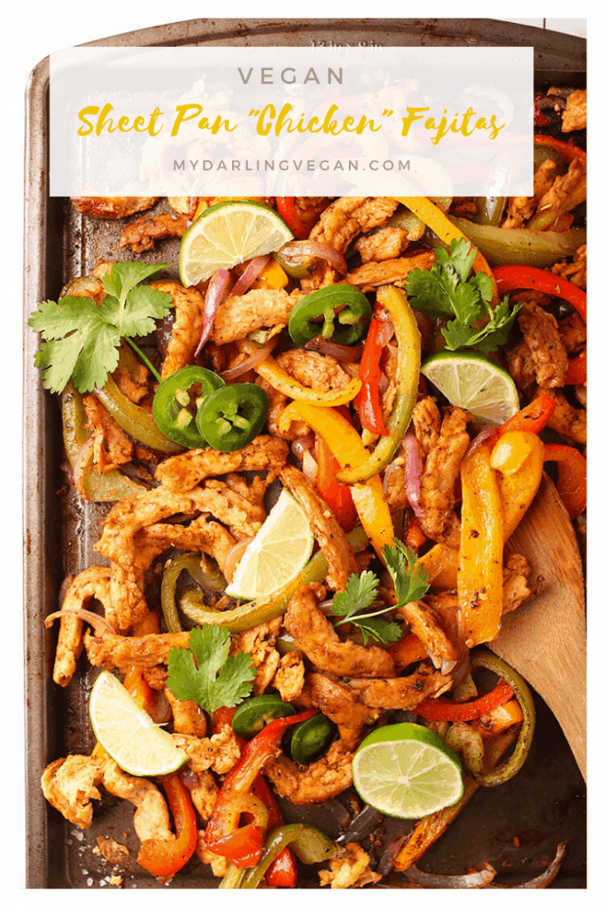 Dinner made easy with these simple sheet pan vegan fajitas. It's a colorful mix of red and green bell peppers, red onions, and perfectly seasoned soy curls for a simple and delicious vegan and gluten-free meal. One pan, under 30 minutes! 