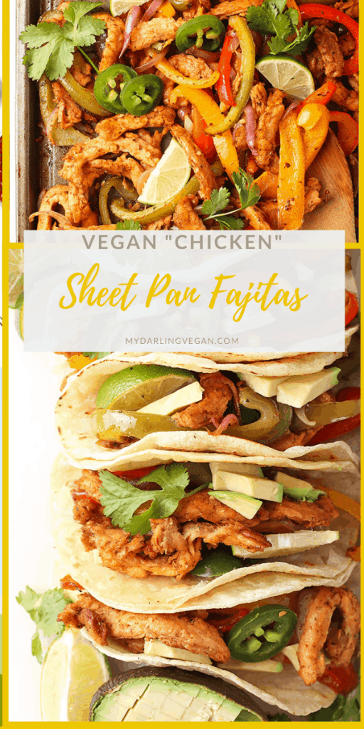 Dinner made easy with these simple sheet pan vegan fajitas. It's a colorful mix of red and green bell peppers, red onions, and perfectly seasoned soy curls for a simple and delicious vegan and gluten-free meal. One pan, under 30 minutes! 