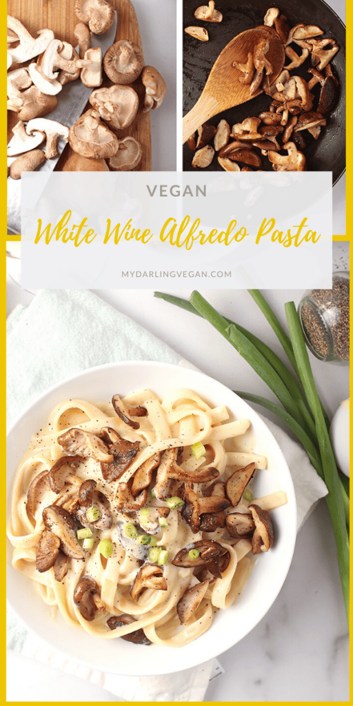 You're going to love this White Wine Vegan Alfredo Pasta. It's a creamy white sauce mixed with Fettucine pasta and sautéed shiitake mushrooms for a delicious and easy weeknight meal. 