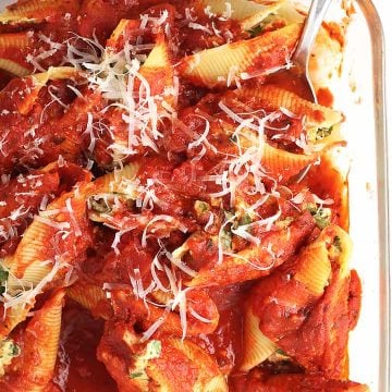 Vegan stuffed shells in casserole dish