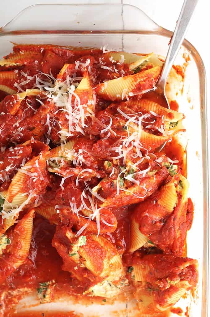 Vegan stuffed shells in casserole dish