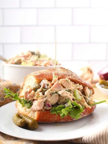 Vegan Chicken Salad Sandwich on white plate