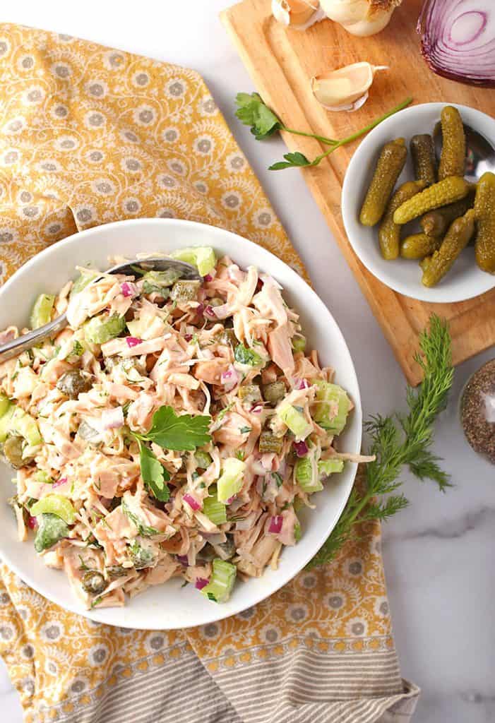 Vegan Chicken Salad in white bowl