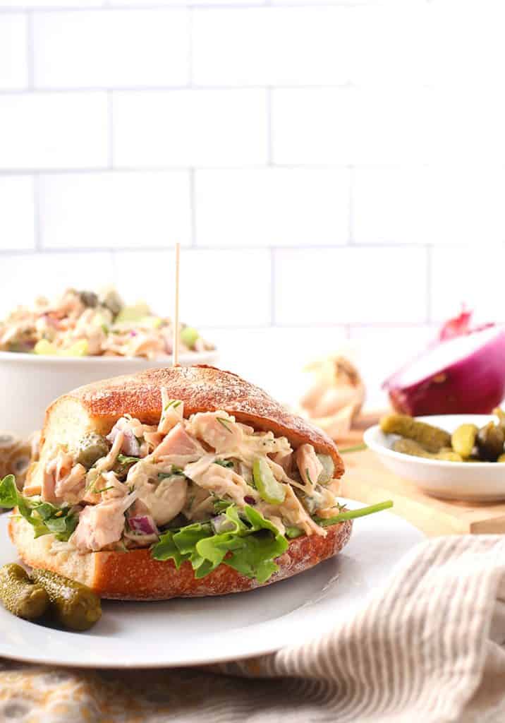 Jackfruit Chicken Salad Sandwich on white plate