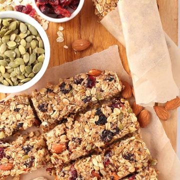 Vegan granola bars on cutting board