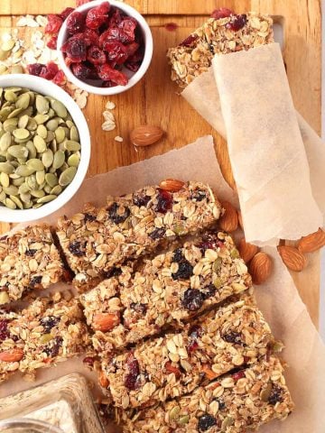 Vegan granola bars on cutting board