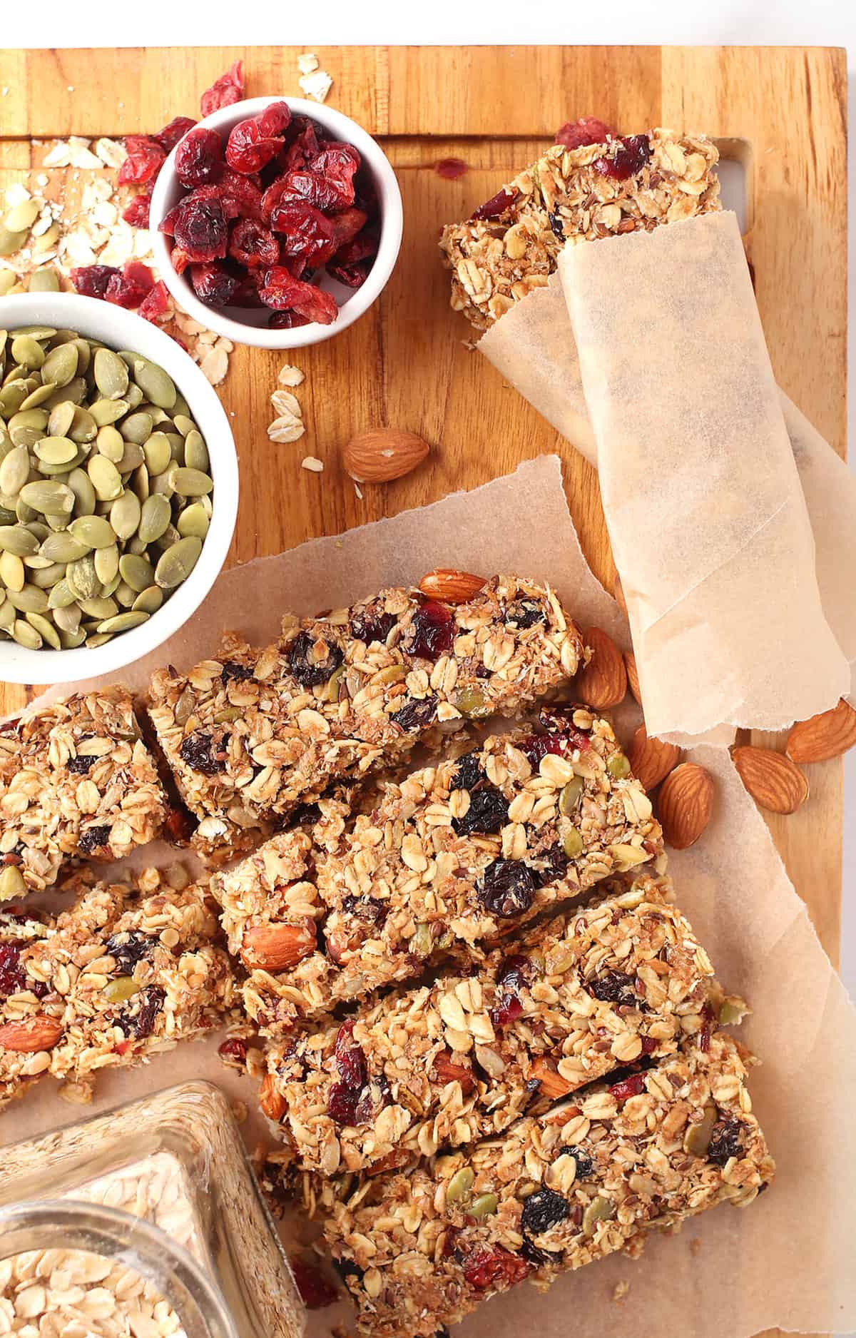 Vegan granola bars on cutting board