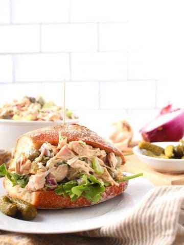 Jackfruit Chicken Salad Sandwich on white plate