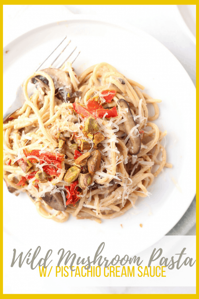 You're going to love this Wild Mushroom Pasta with Pistachio Cream Sauce. It's crispy sautéed mushrooms and sun-dried tomatoes tossed with truffle cream sauce. So good! Finish it with Truffle Salt for a delicious vegan and gluten-free meal. 