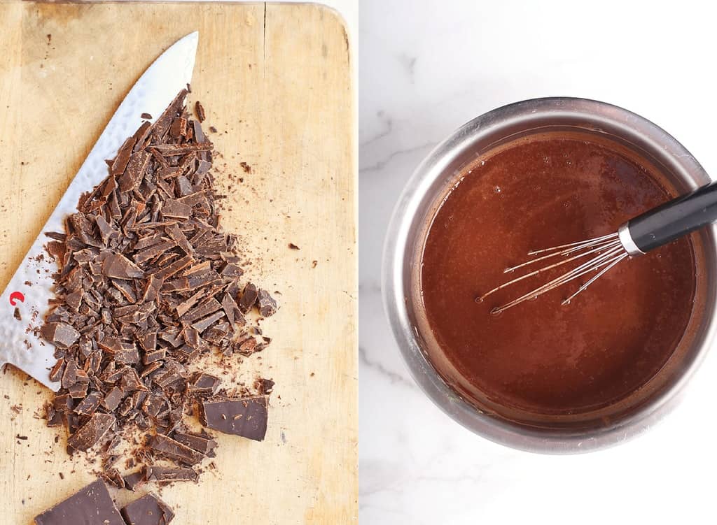 Chopped chocolate on a cutting board with a knife