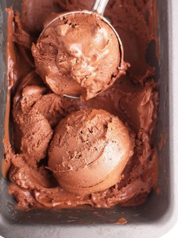 Two scoops of vegan chocolate ice cream