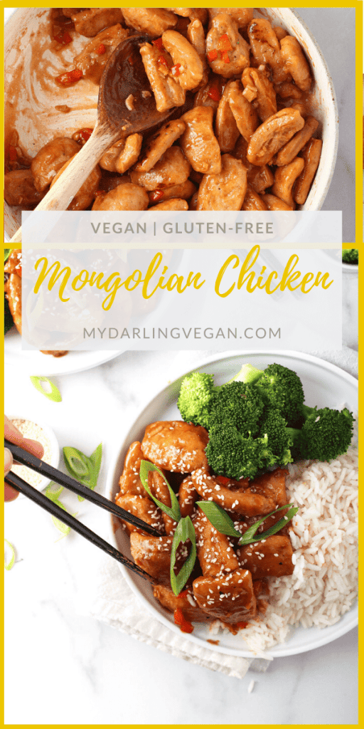 Skip takeout and make this amazing Vegan Mongolian Chicken! It’s crispy vegan chicken cooked in a sweet and savory sauce and served over rice and steamed broccoli for a better-than-takeout, 30-minute meal.